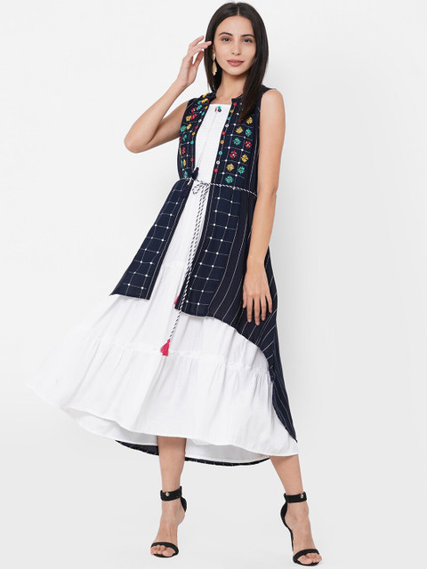 

FASHOR White & Navy Blue Floral Embroidered Jacket With Smocked Tiered Maxi Dress