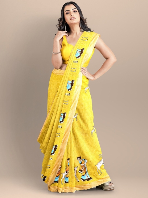 

BharatSthali Yellow & Blue Ethnic Motifs Silk Cotton Mangalagiri Saree