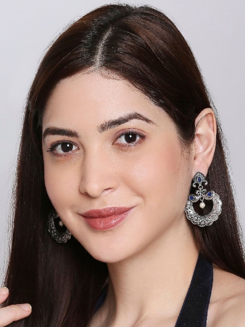 

OOMPH Oxidised Silver & Blue Stone with Pearl Hanging Classic Chandbali Earrings