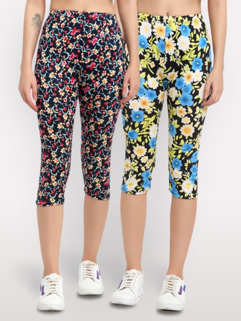 

NEUDIS Women Pack Of 2 Printed Skinny Fit Capris, Black