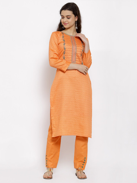 

Me Lady Fashion Orange & Sea Green Embroidered Pure Cotton Semi-Stitched Dress Material