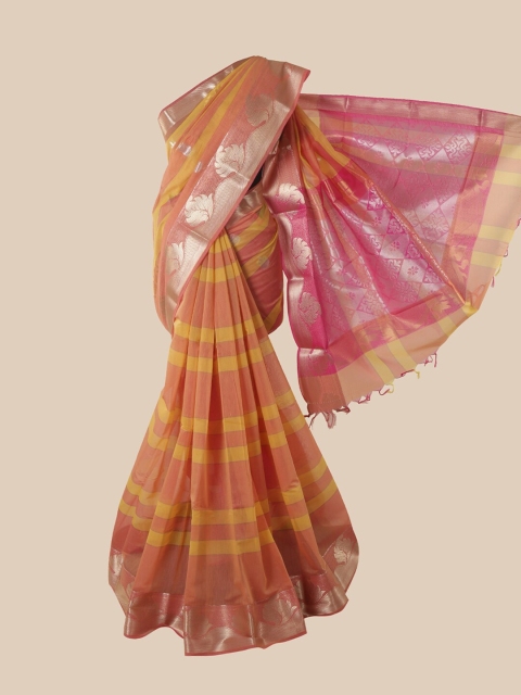 

Pothys Yellow & Rose Gold Striped Silk Cotton Saree