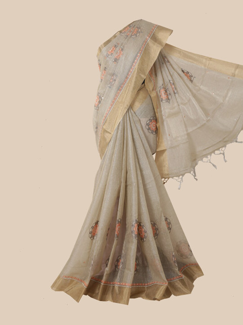 

Pothys Grey & Beige Floral Tissue Saree