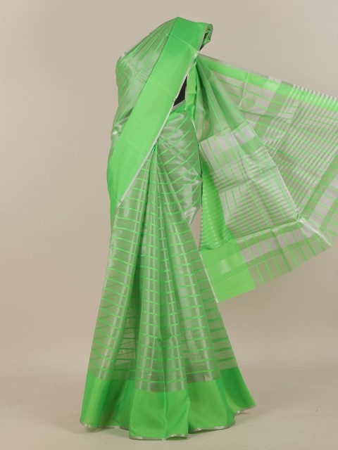 

Pothys Green & Silver-Toned Striped Zari Cotton Blend Saree