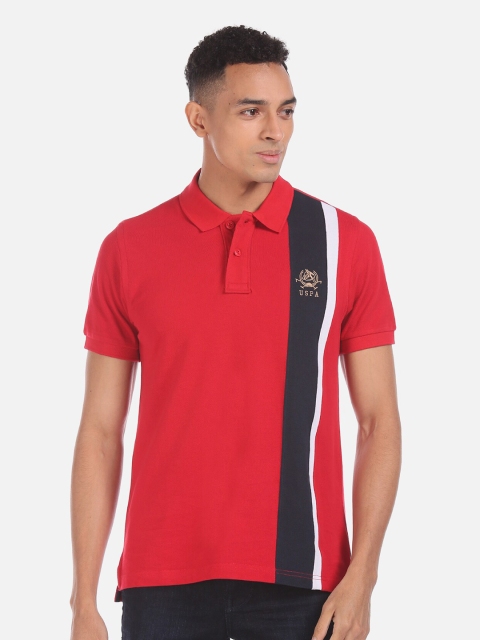 

U S Polo Assn Men Red Black Colourblocked Polo Collar Pure Cotton T-shirt