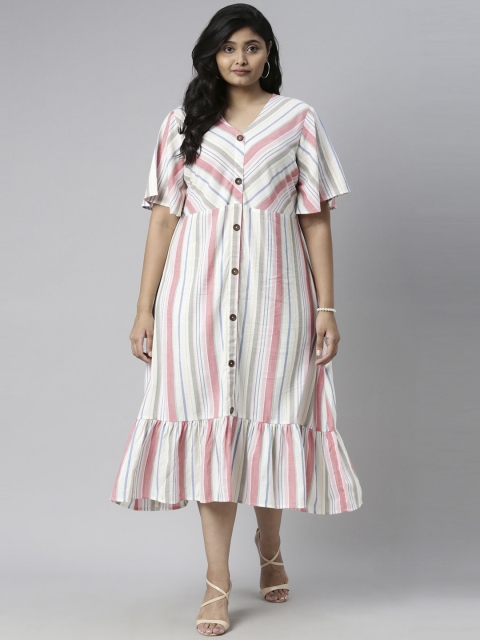 

The Pink Moon Cream-Coloured & Red Striped A-Line Midi Dress