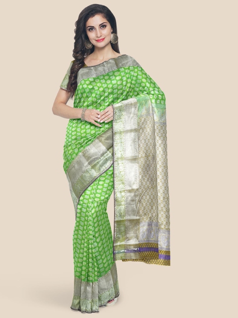 

Kalamandir Green & Silver-Toned Woven Design Silk Blend Kanjeevaram Saree