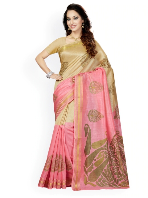 

KALINI Pink & Beige Ethnic Motifs Zari Art Silk Bhagalpuri Saree