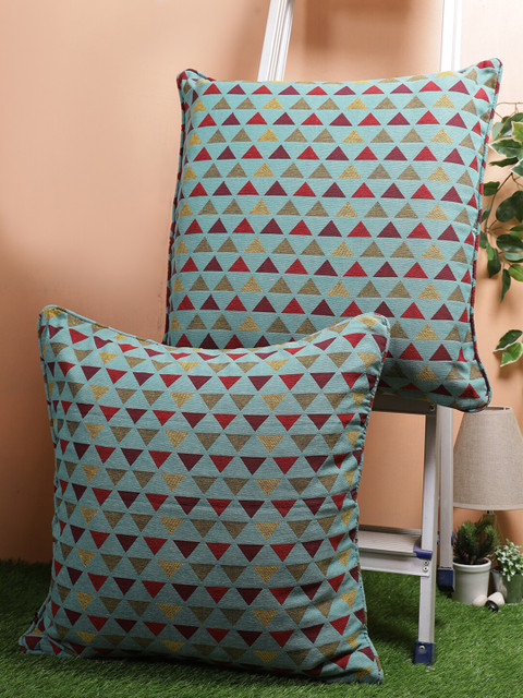 

Soumya Sea Green & Maroon Set of 2 Geometric Square Cotton Cushion Covers