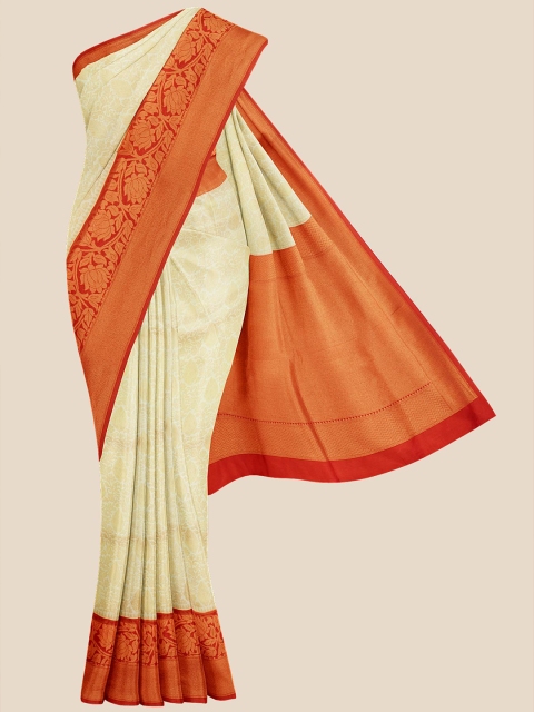 

Kalamandir Cream & Red Ethnic Motifs Zari Silk Blend Banarasi Saree