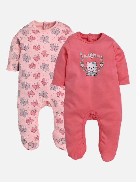 TAMBOURINE Infant Girls Pack Of 2 Printed Pure Cotton Sleepsuits, Pink