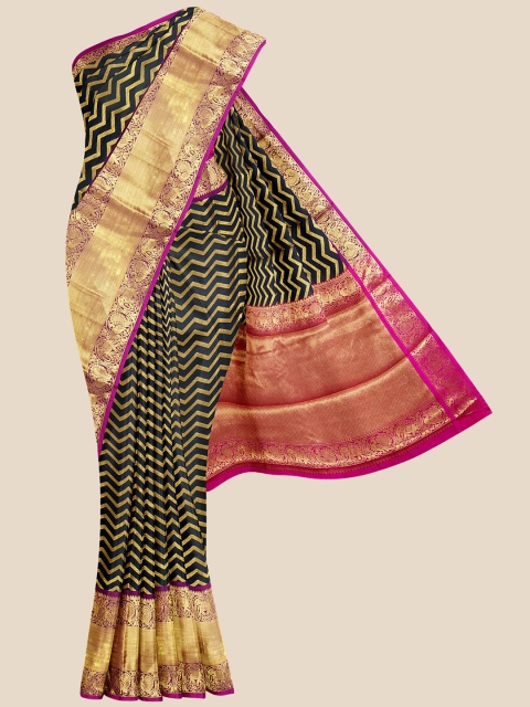 

Kalamandir Black & Purple Striped Silk Blend Banarasi Saree