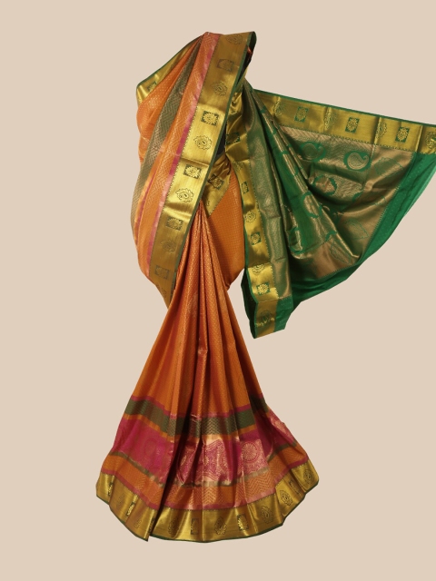 

Pothys Mustard & Orange Ethnic Motifs Zari Pure Silk Saree