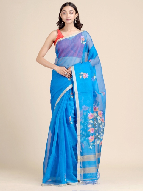 

Mitera Blue & Green Floral Pure Silk Heavy Work Jamdani Saree