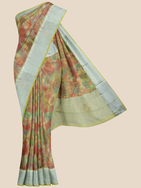 

Kalamandir Green & Pink Floral Silk Blend Banarasi Saree