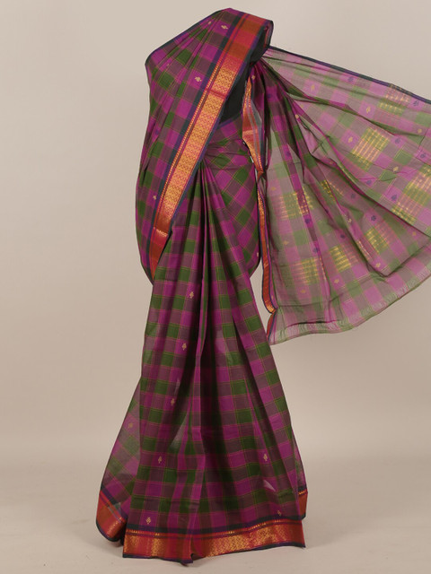 

Pothys Purple & Green Checked Zari Pure Cotton Saree