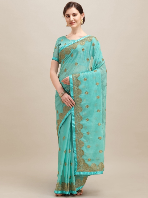 

RAJGRANTH Turquoise Blue & Gold-Toned Ethnic Motifs Zari Pure Chiffon Heavy Work Saree