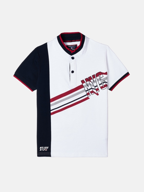 

Monte Carlo Boys White & Navy Blue Colourblocked Mandarin Collar T-shirt