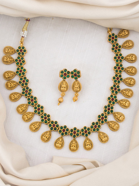 

Alankruthi Gold-Plated Green & Maroon Stone-Studded Jewellery Set