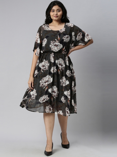 

The Pink Moon Green & Black Floral Printed Georgette Fit & Flare Dress