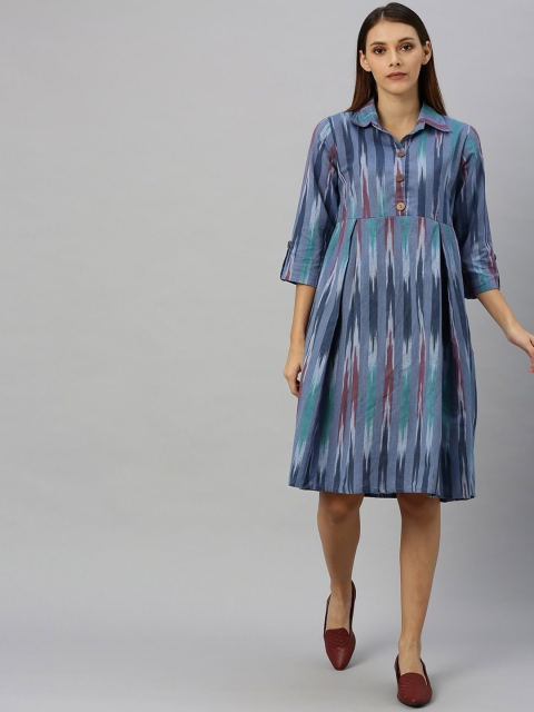

Shakumbhari Women Blue Ikkat Printed Shirt Dress
