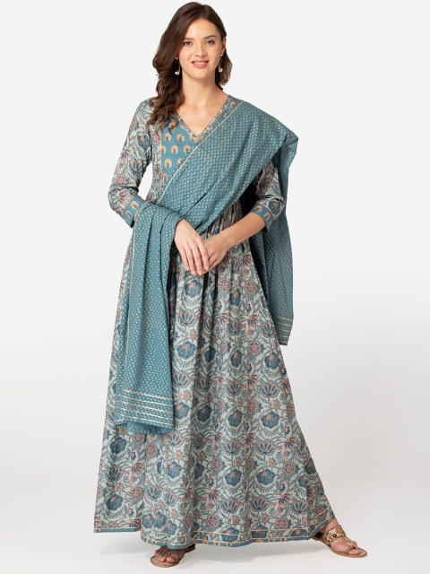 

TARA-C-TARA Blue Ethnic Motifs Layered Ethnic Maxi Dress with Dupatta