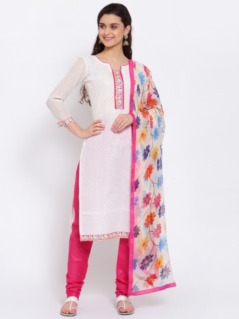 

Me Lady Fashion White & Pink Semi-Stitched Dress Material