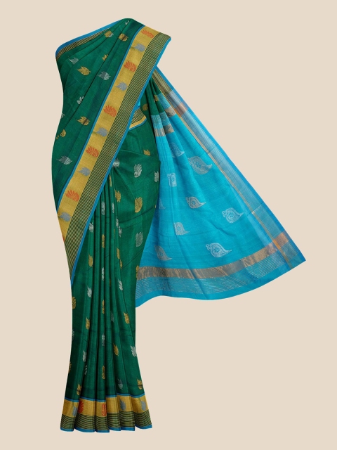 

Kalamandir Green & Turquoise Blue Floral Zari Silk Blend Venkatgiri Saree