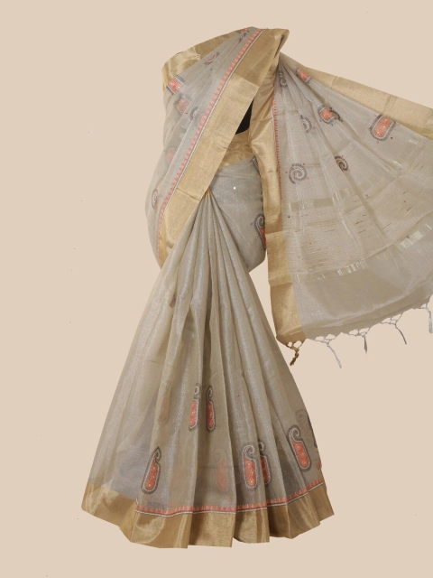 

Pothys Grey & Peach-Coloured Ethnic Motifs Zari Tissue Saree