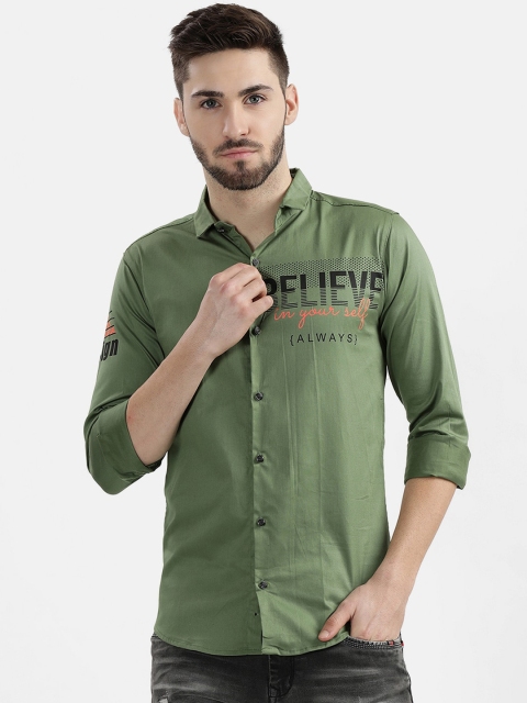 

V2 Value & Variety Men Green Typography Printed Slim Fit Casual Shirt