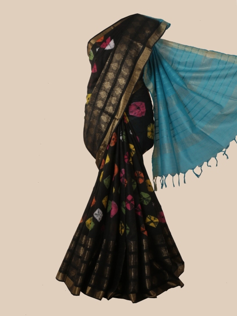 

Pothys Black & Blue Bandhani Zari Jute Cotton Saree
