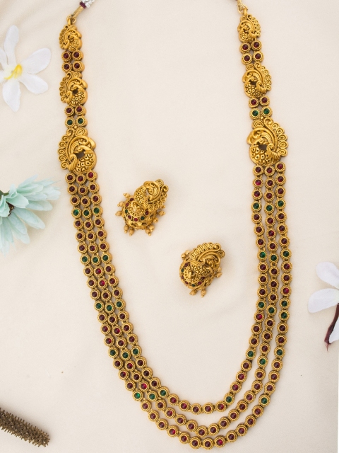 

Alankruthi Gold-Plated Maroon & Green Stone-Studded Multi-Stranded Temple Jewellery Set
