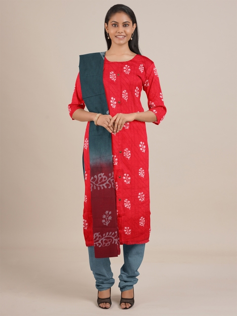

Pothys Red & Blue Printed Unstitched Dress Material