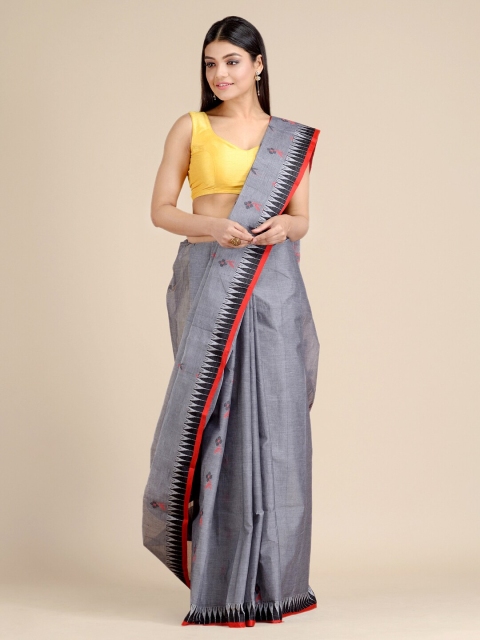 

Mitera Grey & Red Floral Pure Cotton Taant Saree