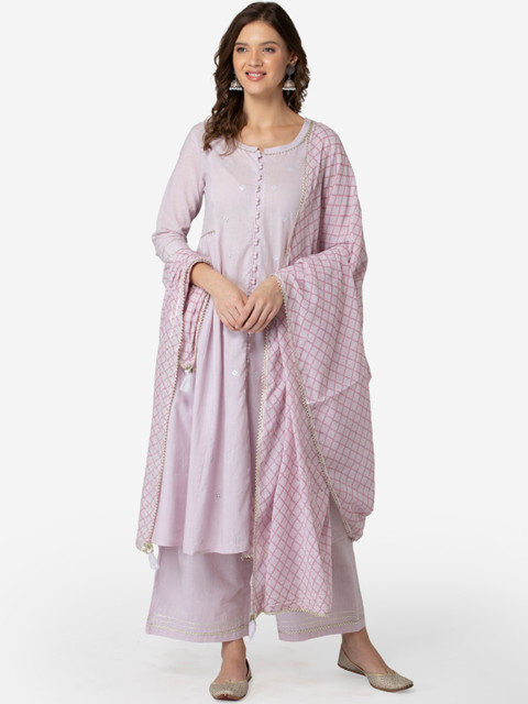 

TARA-C-TARA Women Purple Embroidered Mirror Work Pure Cotton Kurta with Trousers & Dupatta