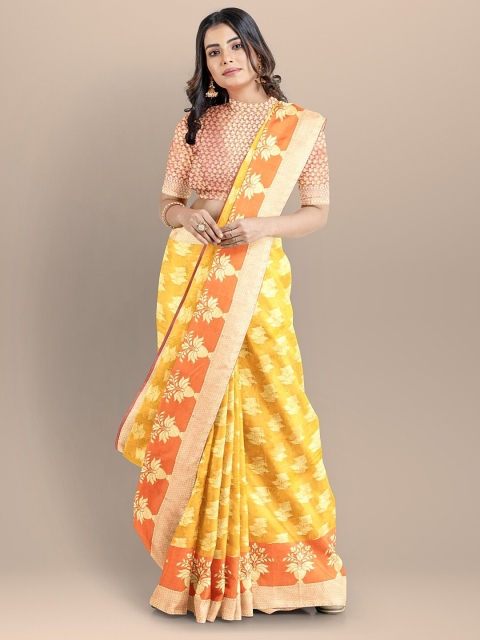 

BharatSthali Yellow & Red Ethnic Motifs Zari Silk Cotton Banarasi Saree