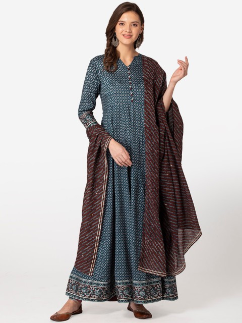 

TARA-C-TARA Teal & Burgundy Ethnic Motifs Layered Ethnic Maxi Dress with Dupatta