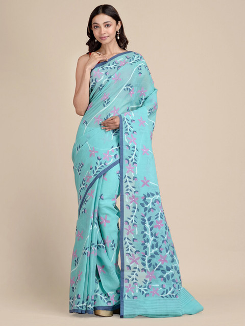 

Mitera Turquoise Blue & Pink Floral Pure Cotton Jamdani Saree