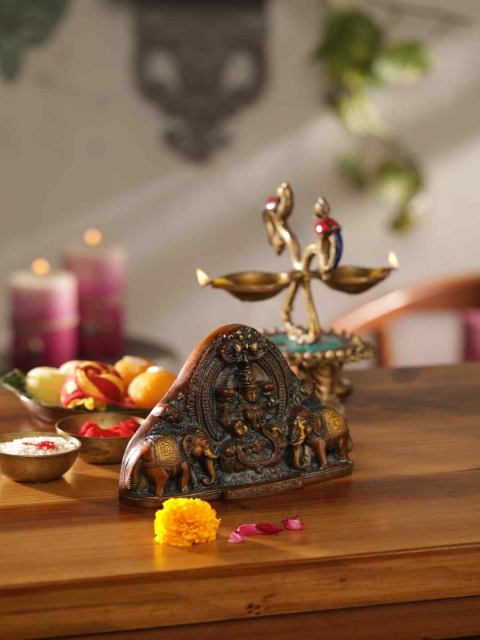 

Amoliconcepts Brown Brass Goddess Lakshmi Wall Plate With Elephants Showpiece