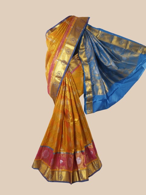 

Pothys Mustard Brown & Blue Ethnic Motifs Pure Silk Saree