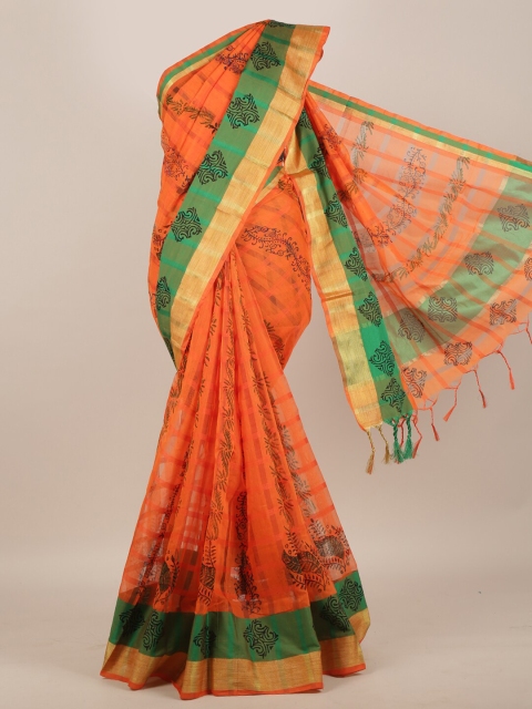 

Pothys Orange & Green Floral Zari Saree