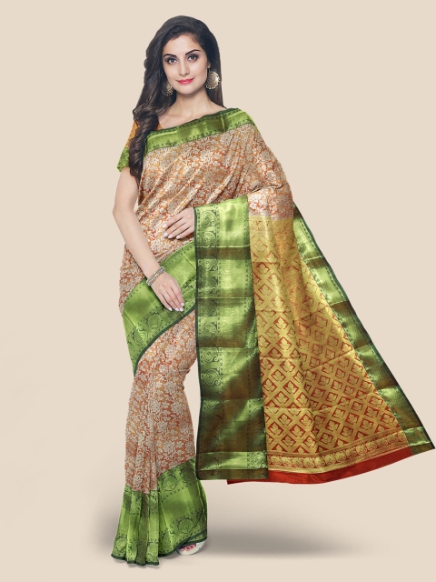 

KLM Fashion Mall Orange & Green Ethnic Motifs Zari Silk Blend Kanjeevaram Saree