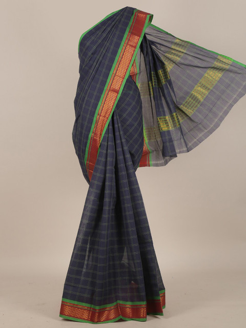 

Pothys Navy Blue & Green Checked Zari Pure Cotton Saree