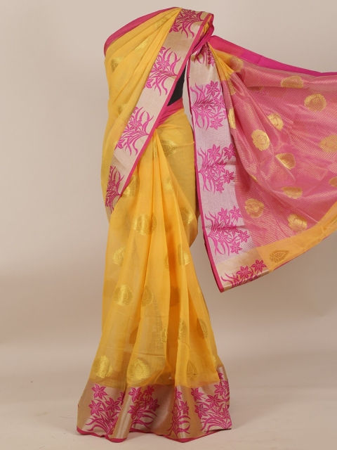 

Pothys Yellow & Magenta Ethnic Motifs Zari Cotton Blend Saree