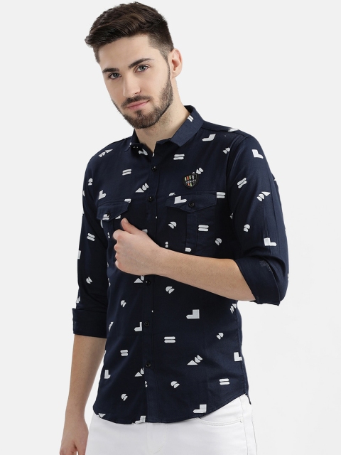 

V2 Value & Variety Men Navy Blue & White Printed Slim Fit Cotton Casual Shirt