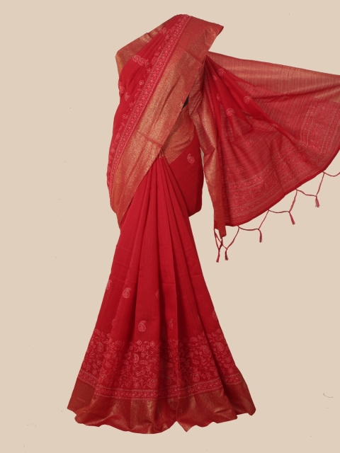 

Pothys Red Ethnic Motifs Jute Silk Saree