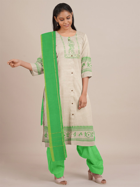 

Pothys Cream & Green Printed Unstitched Dress Material
