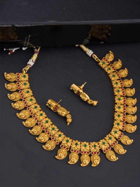 

Alankruthi Gold-Plated Green & Pink Stone-Studded Lakshmi Motif Jewellery Set