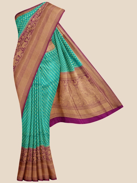 

KLM Fashion Mall Teal & Purple Ethnic Motifs Zari Silk Blend Banarasi Saree