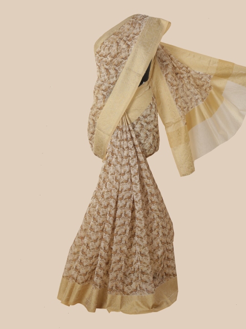 

Pothys Cream & Brown Ethnic Motifs Supernet Saree